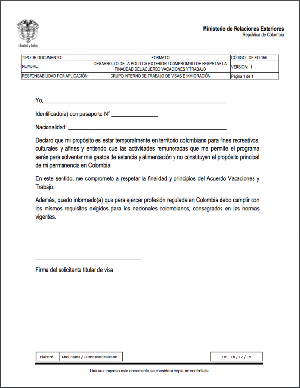 Carta de compromiso - Demande de PVT Colombie