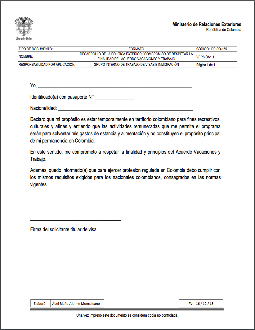 Carta de compromiso - Demande de PVT Colombie