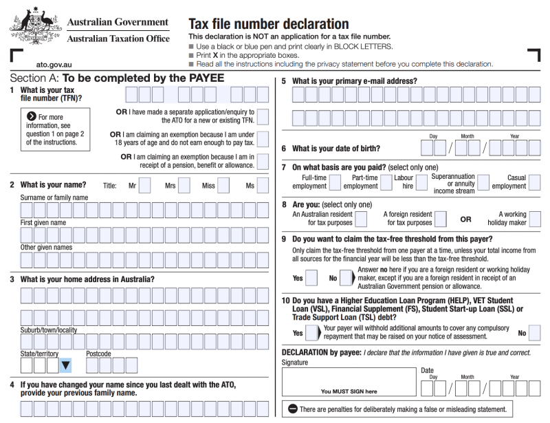 tax declaration form australia
