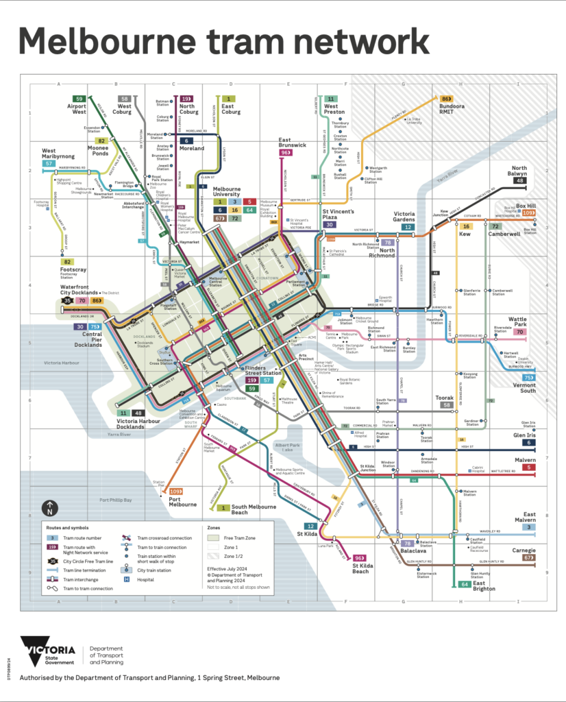 La carte des lignes de tramway à Melbourne