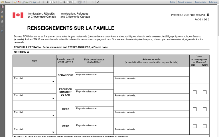 Ouvrir un formulaire PDF du Canada (IMM5707, IMM1295..)