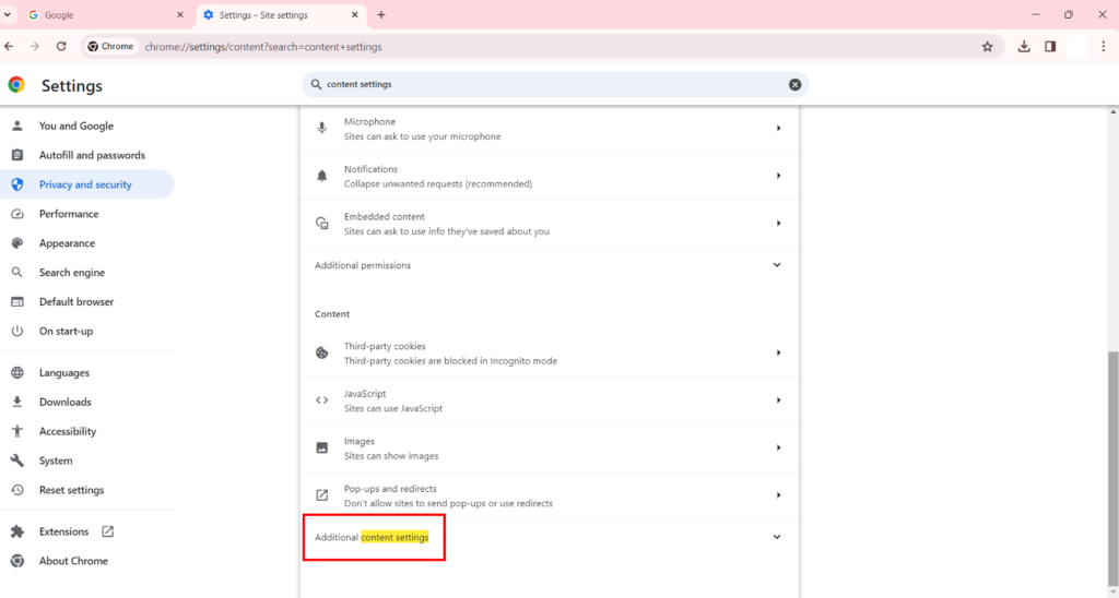 Chrome additional content settings