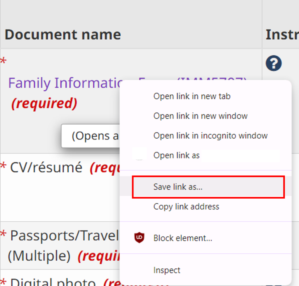 Save as link IMM form example