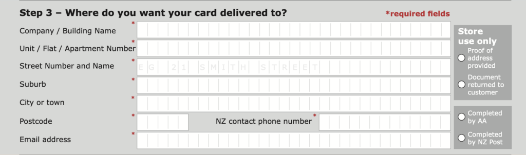 Étape 3 de la demande de kiwi access card - faire livrer la carte