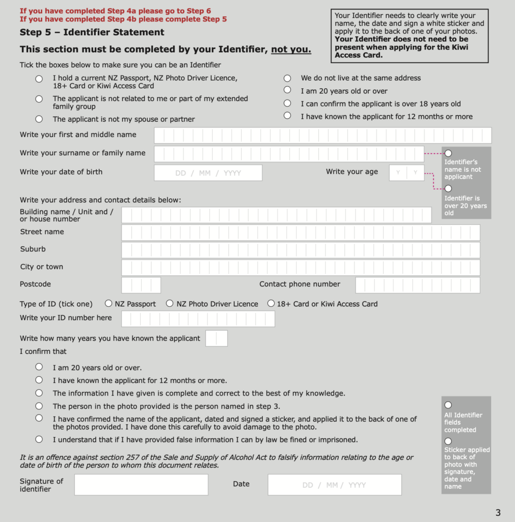 Étape 5 de la demande de kiwi access card - identification