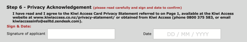 Étape 6 de la demande de kiwi access card - vie privée