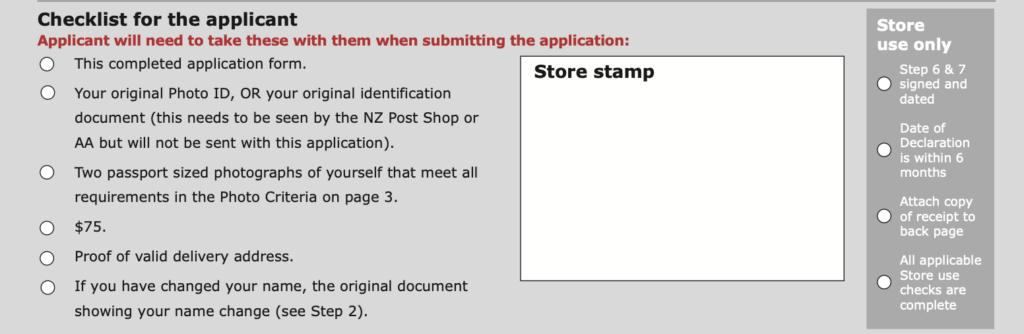 Étape finale de la demande de kiwi access card - checklist et stamp